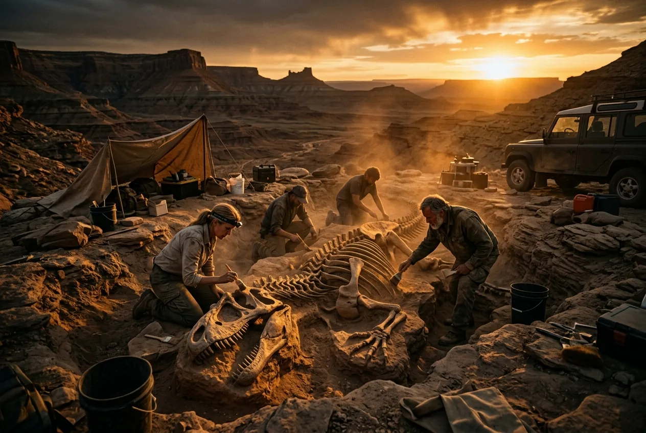 Fossil excavation at golden hour
