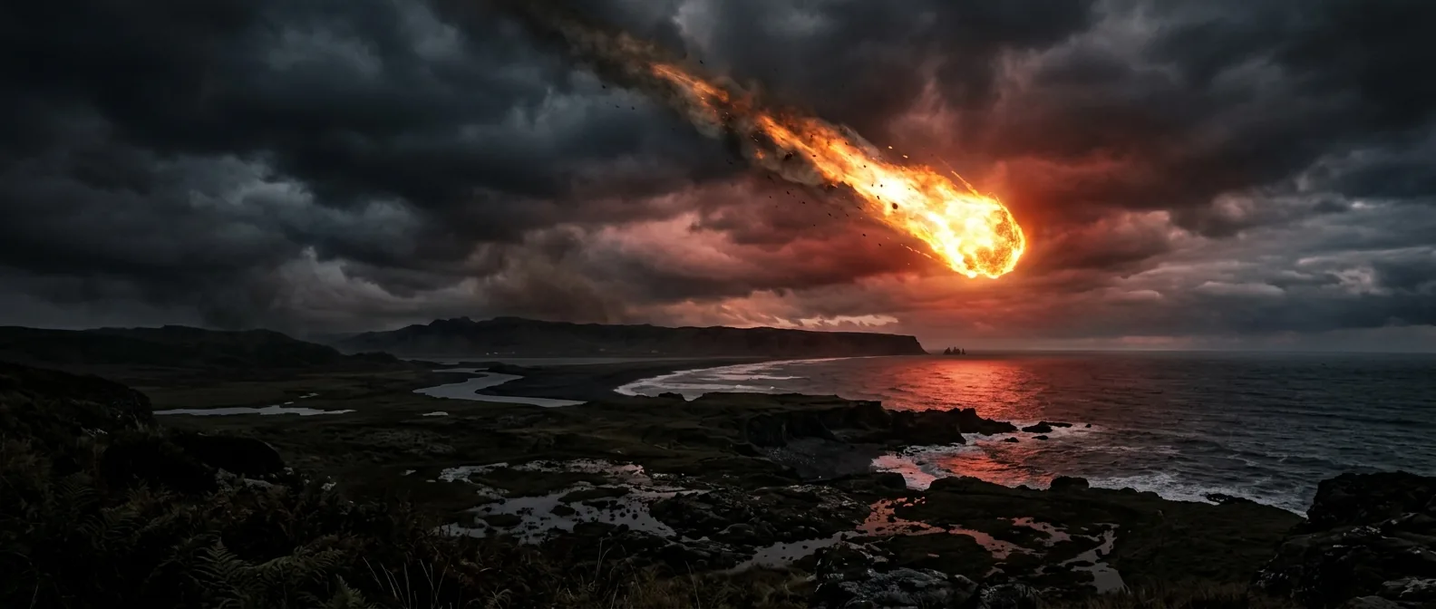 Asteroid over prehistoric coastline