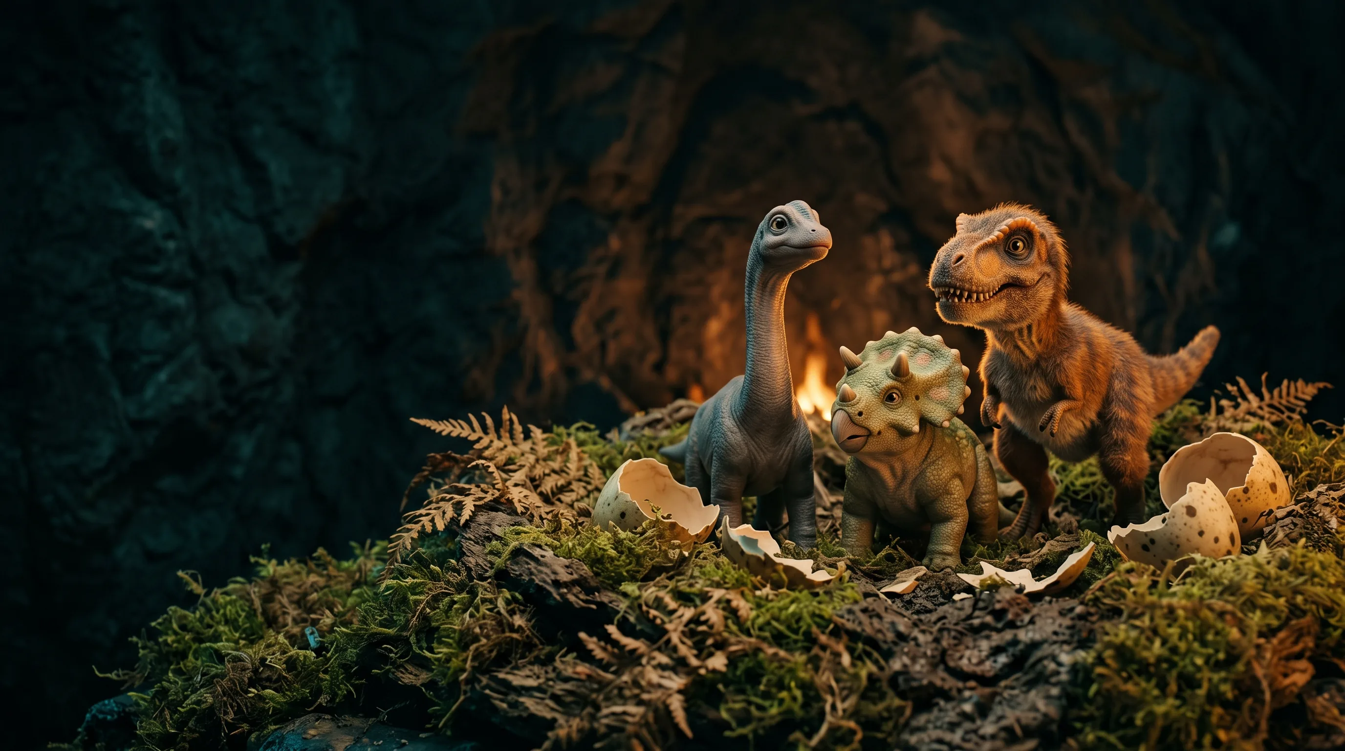 Baby T. rex, Triceratops and Brachiosaurus hatchlings in a nest